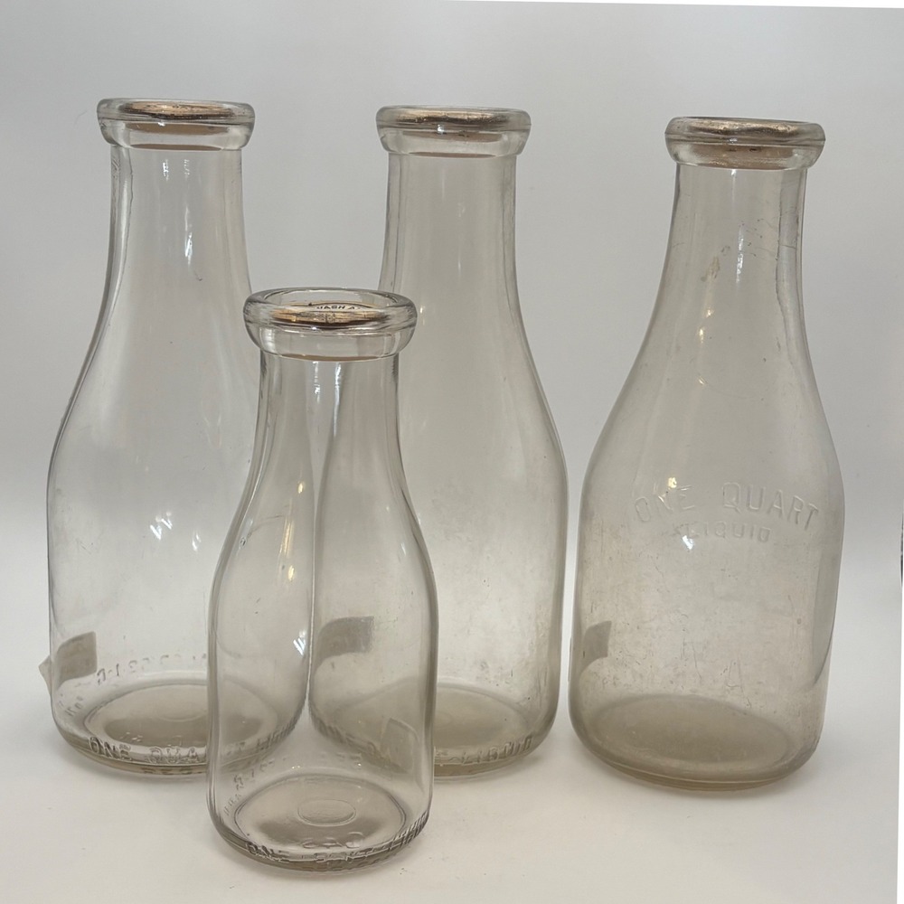 Vtg Glass Milk Bottle Set 4 Duraglas Liberty 1940s Farmhouse Wedding Cottagecore